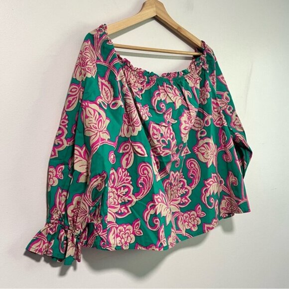 Flying Tomato Floral Boho Peasant Blouse Green Pink Cotton Size L - Picture 3 of 10